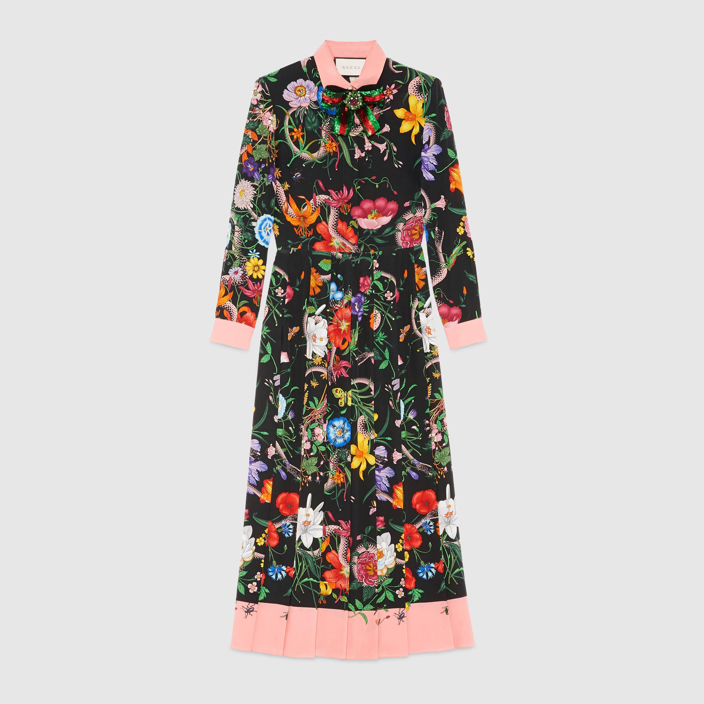 Gucci Flora Snake Print Silk Dress | Lyst